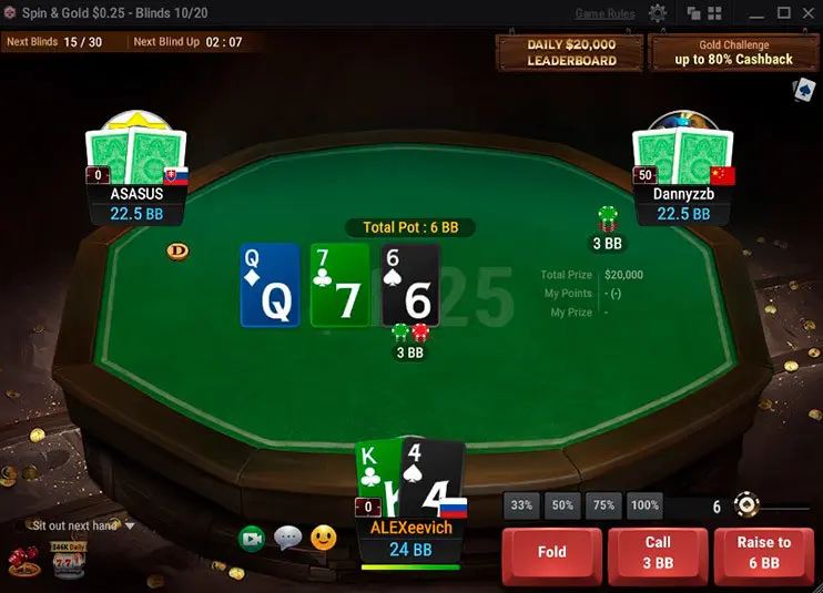 Интерфейс стола в спинах в руме ПокерОК Spin&Gold
